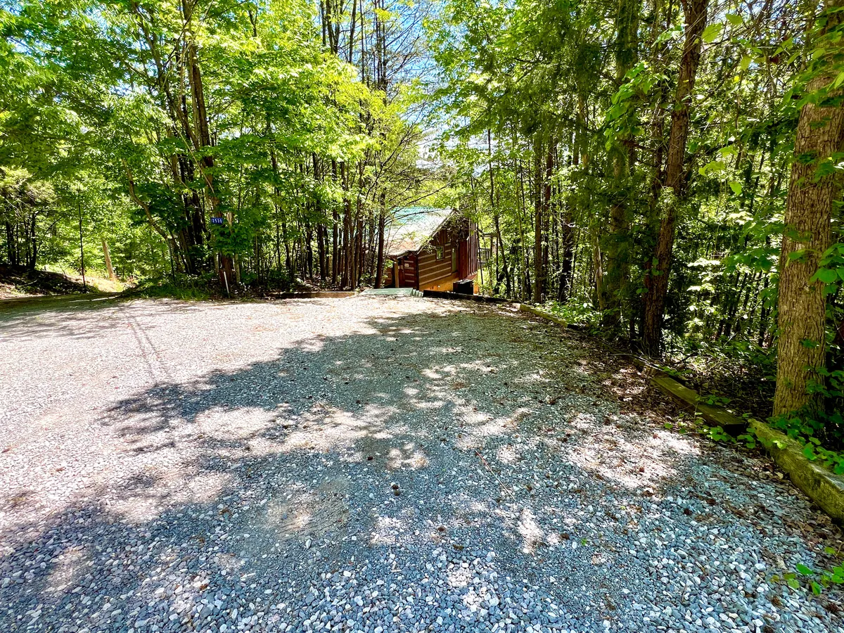 An inviting exterior shot showing a wooden cabin surrounded by trees and a gravel driveway, evoking a sense of privacy and natural seclusion. The sunlight filtering through the trees and the open space suggest an ideal retreat for small groups to come together and enjoy nature.