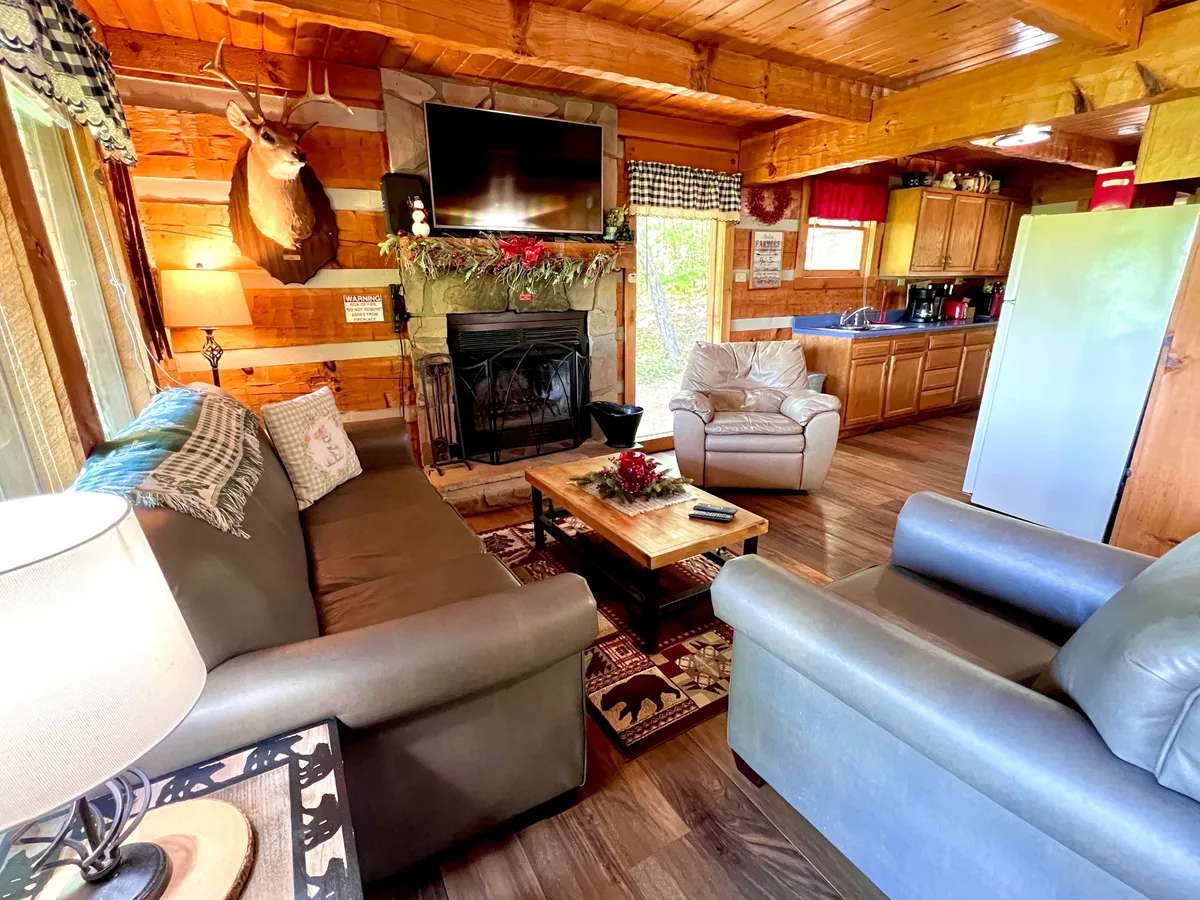A welcoming living room scene featuring a rustic stone fireplace as the focal point, with a cozy sofa, television, coffee table, and decorative deer head mounted above the hearth. Wood accents and soft lighting create a warm, inviting ambiance ideal for relaxing after a day outdoors.