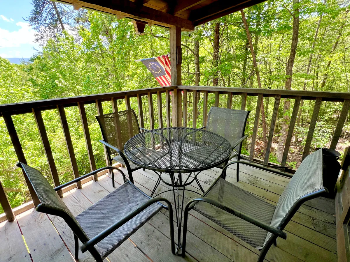 This inviting exterior image shows an outdoor seating area complete with cozy chairs, an American flag, and rich surrounding greenery. The scene is tranquil, suggesting a place to gather with family for morning coffee, evening chats, or quiet moments immersed in nature.